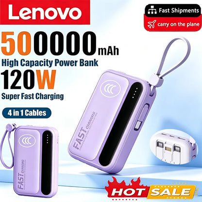 Lenovo 2026New 120W Super Fast Charging 500000mAh 4 In1 Cables Portable Powerbank Power Bank For Iphone Huawei Samsung